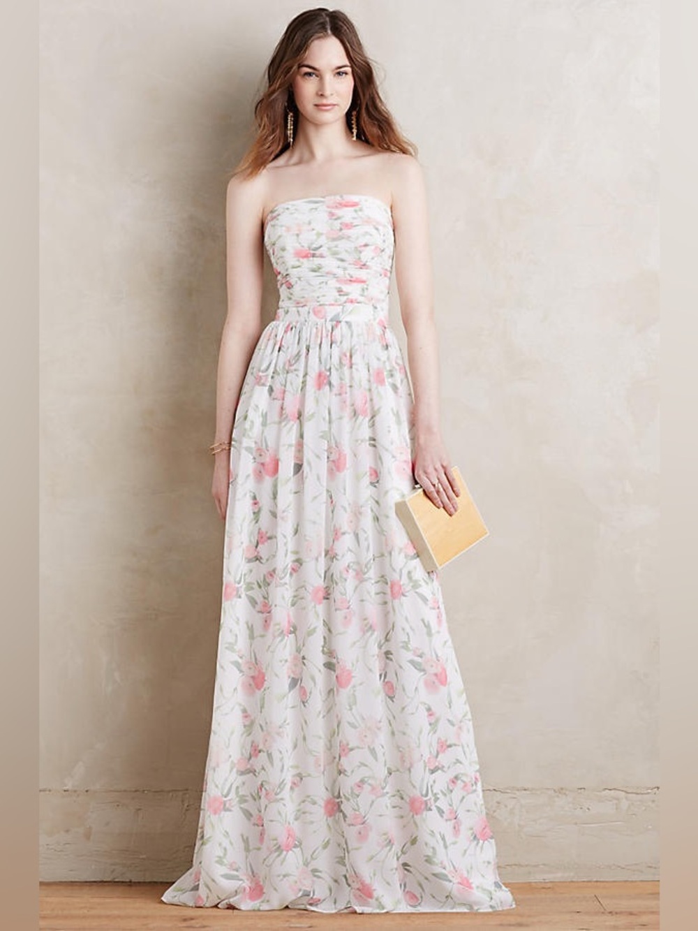 Anthropologie Erin Fetherston Winter Rose Maxi Dress strapless White Floral 0